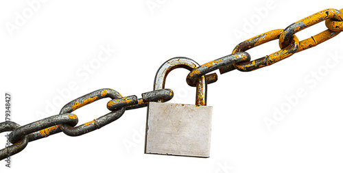 Cuadro en lienzo Old metal chain with peeling orange paint, connected by hanging steel padlock, isolated on white background with clipped path, empty copy space