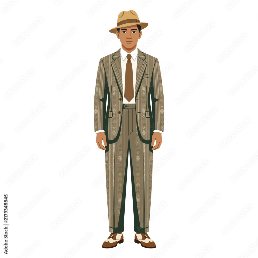 Obraz premium An illustrated figure of a man from the 1920s Indonesian jazz age wearing a patterned brown suit with stripes, a matching fedora hat, a brown tie, and spectator shoes.