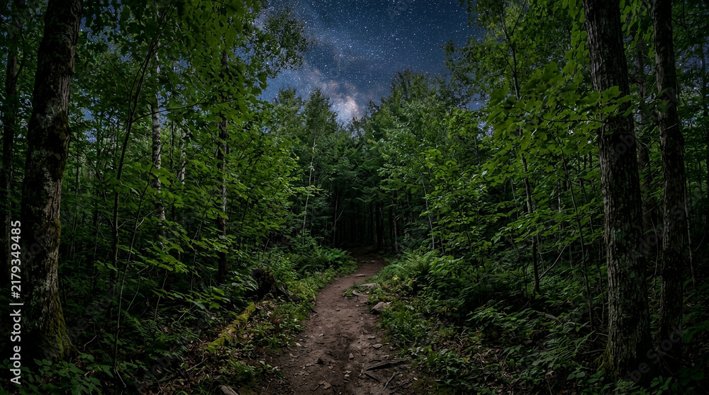 Obraz premium Forest trail under a starry night sky with dense green foliage and mystical atmosphere