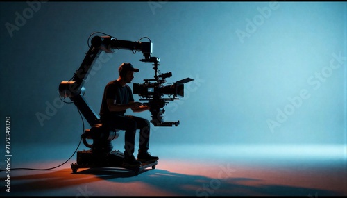 Professional male operator controlling industrial robotic arm equipped with cinema camera in dark studio setting.