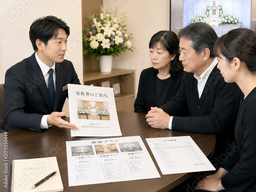 Plakat 葬儀社スタッフと家族葬プランを相談する遺族のイメージ
