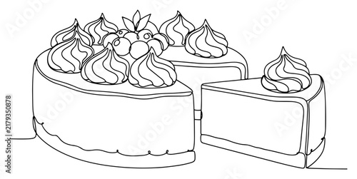 Layered cake with cream swirls and berries in minimalist continuous one line art style