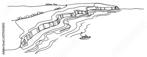 Coastal landscape with rocky cliffs and a small boat in minimalist one line art style
