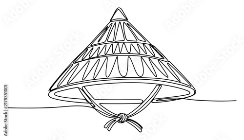 Traditional Asian conical hat in minimalist one line drawing style