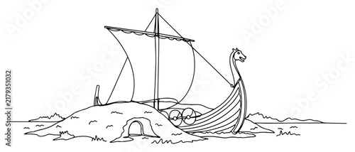 Viking longship sailing near shore in continuous line art style