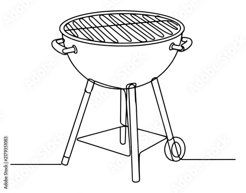 Charcoal barbecue grill for outdoor cooking in minimalist continuous line art style