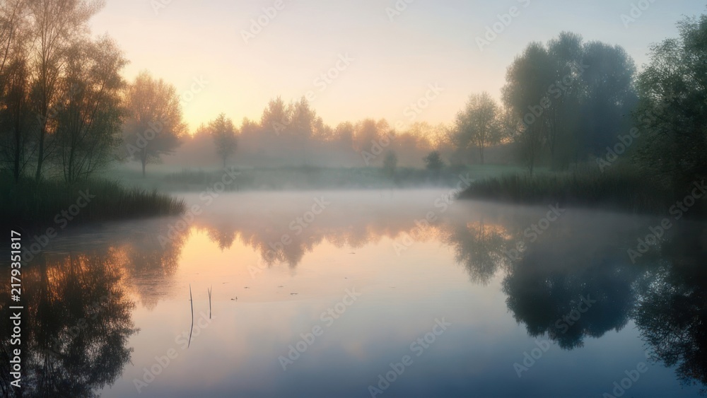 Obraz premium Misty Sunrise over a Calm River