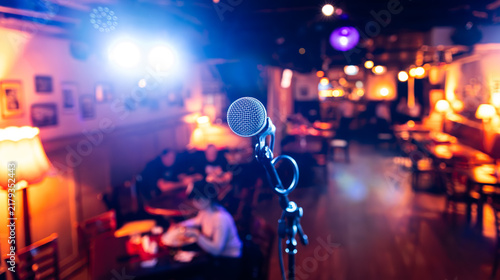Canvastavla Microphone on Stage in a Cozy Nightclub.