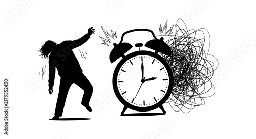 Fotografie Silhouette of a person reaching for a ringing alarm clock with chaotic lines