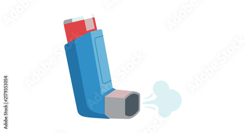 Bild auf Leinwand Blue inhaler with red cap emits a puff of vapor on a white background