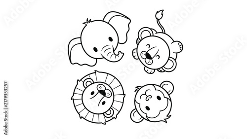 Black and white line art illustration featuring four cute cartoon safari animals including an elephant, a lion, a monkey, and a bear, designed for kids coloring book pages.