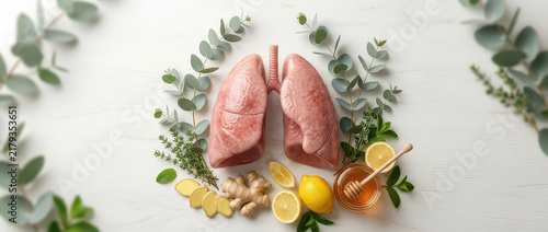 Organ health wellness lung anatomy herbal ingredient citrus fruit ginger honey eucalyptus botanical white background natural remedy respiratory care holistic medicine nutrition still life