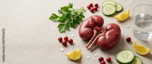 Red kidney organ healthy food wellness concept kidney health fresh parsley cucumber slice lemon wedge