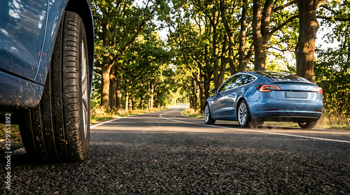 Elegant electric vehicle parked on a winding forested road during golden hour with lush trees and soft sunlight creating a