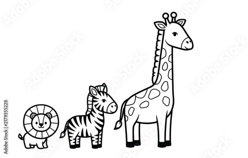 Coloring page featuring cute cartoon African safari animals including a lion cub, a striped zebra, and a tall spotted giraffe in black and white line art isolated on white background.
