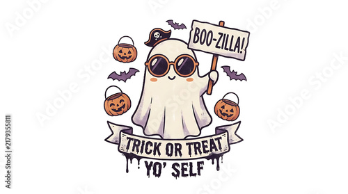 Cute cartoon ghost with pumpkins and bats for halloween trick or treat illustration isolated on transparent background