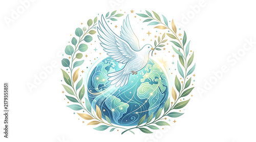 Elegant dove flying around the earth with floral wreath illustration isolated on transparent background
