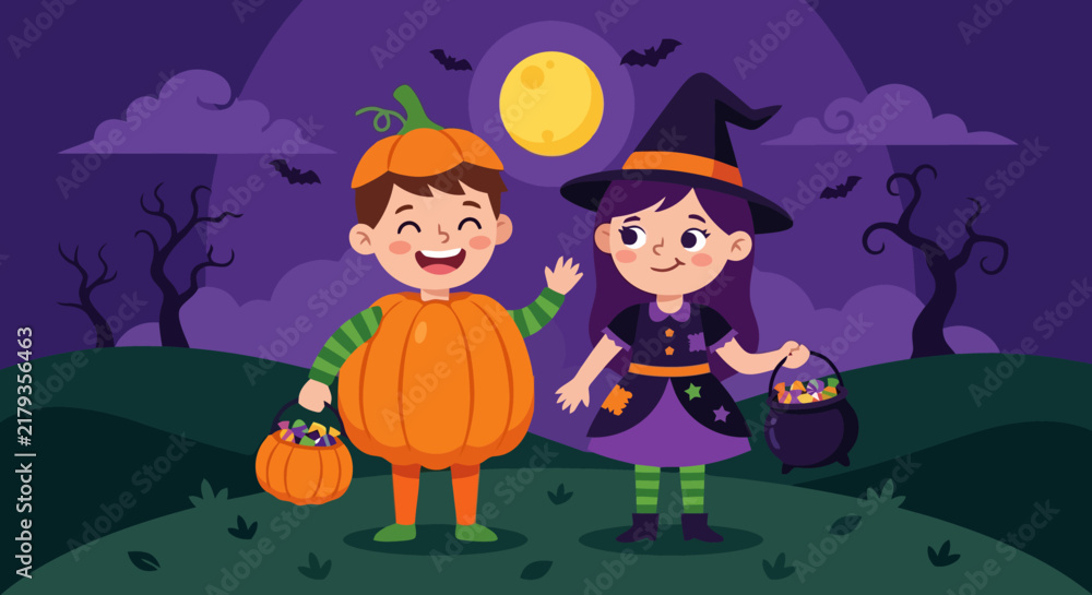 Fototapeta premium Happy child in pumpkin costume holding candy basket at night