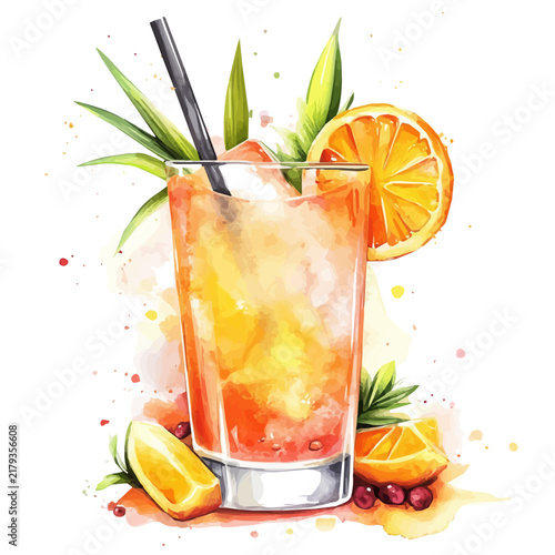 Fotografie Tropical Punch watercolor painterly illustration, semi-realistic fantasy design,