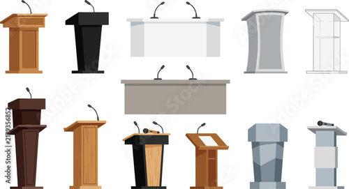 Vector Podium and Lectern Icon Set Featuring Various Wooden Metal and Modern Rostrums with Microphones for Business Conferences Press Briefings and Public Speaking Designs