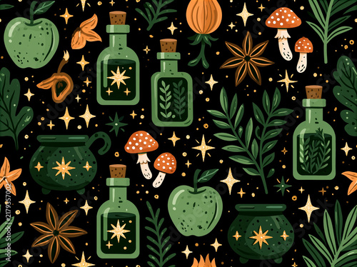 Motif répétitif de potions de sorcière : herbes séchées, champignons, pommes et anis étoilé verts et dorés sur fond noir sombre