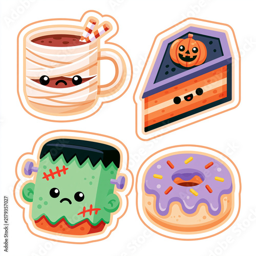 Ensemble de stickers d'Halloween pastel : mug momie, gâteau cercueil et donut Frankenstein sur fond blanc