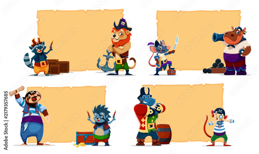 Fototapeta premium Cartoon cute pirate animal characters with parchment banners. Raccoon, lion, monkey and sloth, hedgehog, gorilla, hippo and mouse sea corsairs with old scroll backgrounds for Caribbean marine party