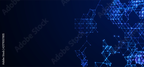 Futuristic technology banner template with copy space, glowing data streams and blue digital network elements. Modern business presentation with abstract data flow, digital lines and geometric forms