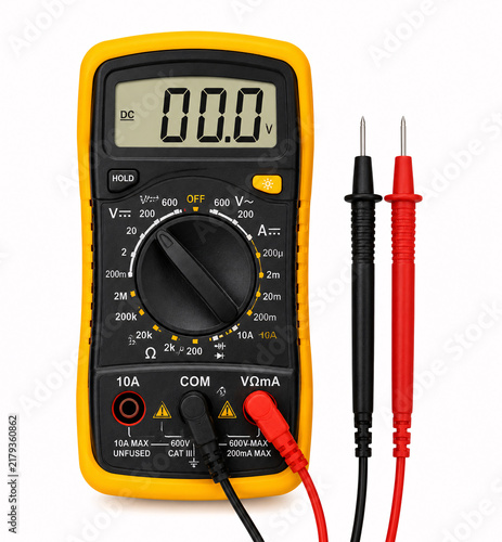 Yellow digital multimeter with red and black probes