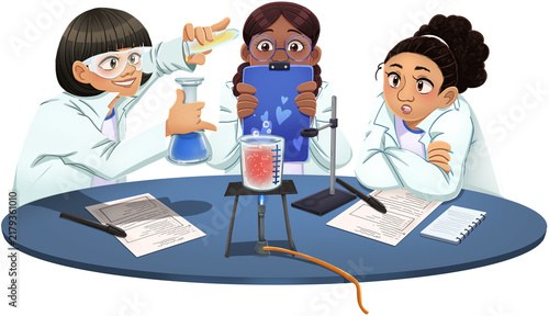 Diverse Students Conducting Science Experiment Illustration