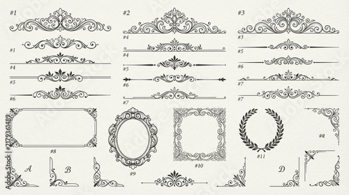 Detailed collection of vintage ornamental flourish dividers and elegant victorian corner frame flourishes rendered in classic black ink style against a clean light paper textured background.