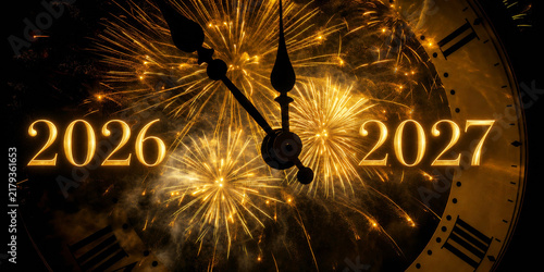 New Year 2027 countdown with golden clock, glowing fireworks, 2026 to 2027 transition on black background, festive panoramic New Year banner symbolizing midnight, celebration, change, future.