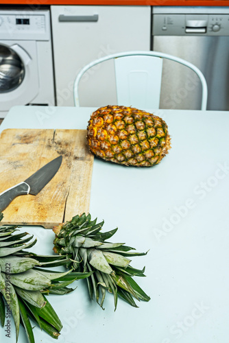Obraz na plátně Whole pineapple and severed leafy crowns on a metal table, with a knife on a wooden board near kitchen appliances