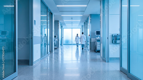 Medical professionals walking down a modern hospital corridor with glass walls and clinical equipment, representing healthcare, research, and professional medical services