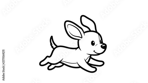 Black and white line art illustration of a cute small puppy dog running happily with big ears and a cheerful expression isolated on a white background for coloring book or icon.