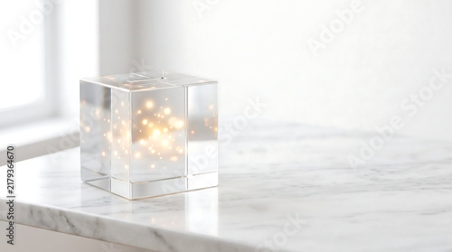 Minimalist crystal cube lamp with glowing lights, elegant glass paperweight on marble surface, modern interior decor accessory