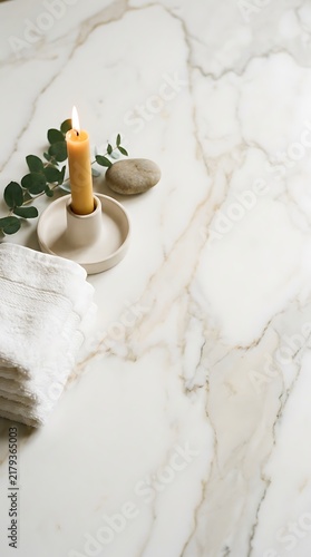 White and gold marble background with burning candle, white towel, stone and eucalyptus leaves. Minimal luxury spa and wellness template with copy space for beauty, selfcare and bathroom design.