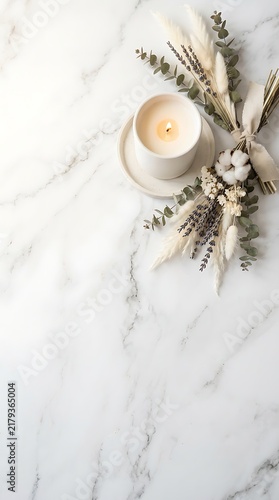 White marble background with burning candle and dried flower bouquet. Minimal clean wellness, spa and beauty template with large copy space for selfcare, skincare and lifestyle design.