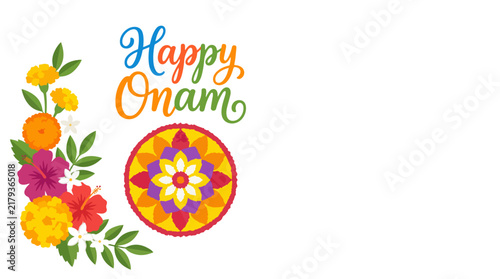 Happy Onam celebration greeting with traditional flower arrangement and circular design