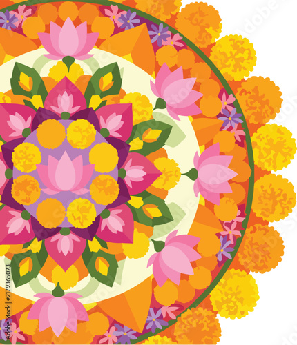 Happy Onam floral carpet rangoli design celebration with vibrant marigold and lotus flower