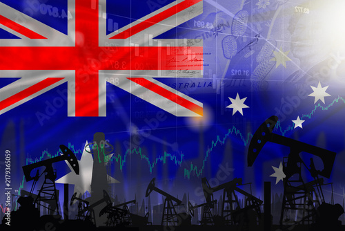 Oil pumps with the Australian flag in the background. Oil business concept in Australia