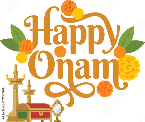 Happy Onam festival greeting card design with traditional lamp and flower decoration elements