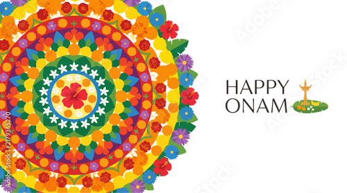Happy Onam festival greeting card featuring colorful traditional flower carpet decoration design