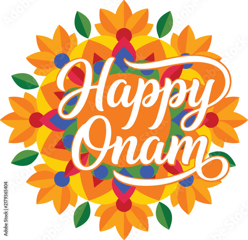 Happy Onam festival greeting card design with floral mandala and typography