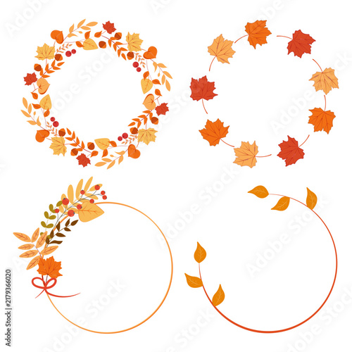 Set of circular autumn wreaths and round frames with fall leaves, maple leaves. Copy space in the center. Vector, transparent background, perfect for harvest, thanksgiving, invitation, sale banners.