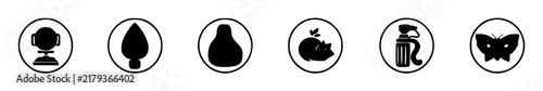 Symbols set with circular icons featuring glyphs, signs, markers, emblems with minimalist design and flat illustration