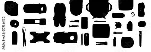Travel set with camping essentials featuring backpack, tent, compass, lantern with map and hiking boots