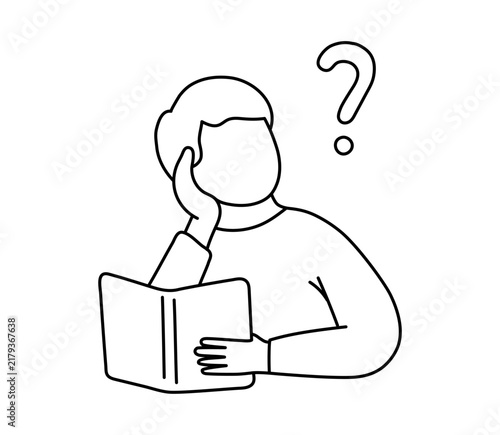 Student boy reading book with question mark above head. Confused child studying and thinking about problem. Education, learning concept and academic difficulty theme. Vector