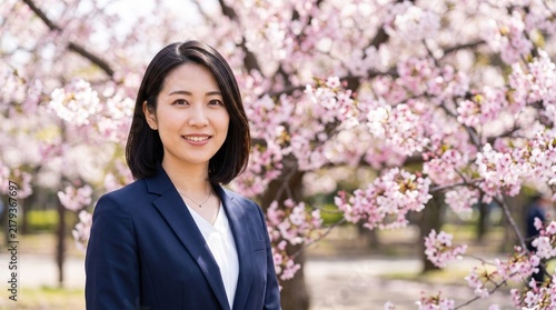 Tapety artystyczne プロフィール写真をイメージした、春の桜木を背にして穏やかな笑顔をカメラに向けている、知的な印象の20代日本人女性社員のバストアップポートレート
