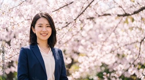 Tapety artystyczne プロフィール写真をイメージした、春の桜木を背にして穏やかな笑顔をカメラに向けている、知的な印象の20代日本人女性社員のバストアップポートレート